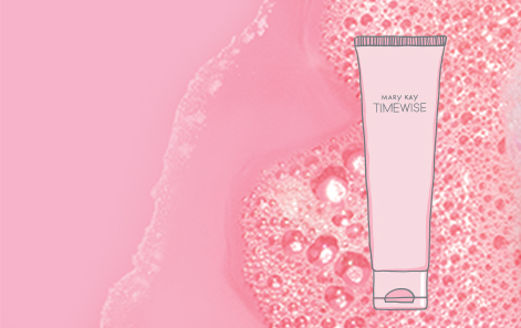 An illustration of facial cleanser on a pink background with bubbles