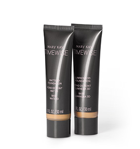 Two black tubes of Mary Kay TimeWise 3D Foundation, one matte finish and one luminous.