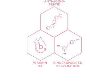 Rosa Illustration des TimeWise® 3D Komplexes mit drei zusammenhängenden Sechsecken mit Symbolen der Inhaltsstoffe für eingekapseltes Resveratrol, Vitamin B3 und ein Anti-Aging-Peptid im Inneren 