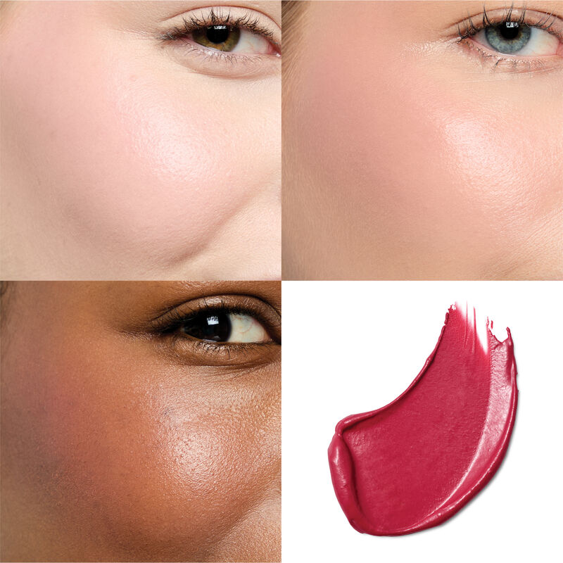 Produktprobe des roten Cremerouges und Beispiele f&uuml;r die Anwendung bei drei verschiedenen Hautt&ouml;nen im Vergleich 