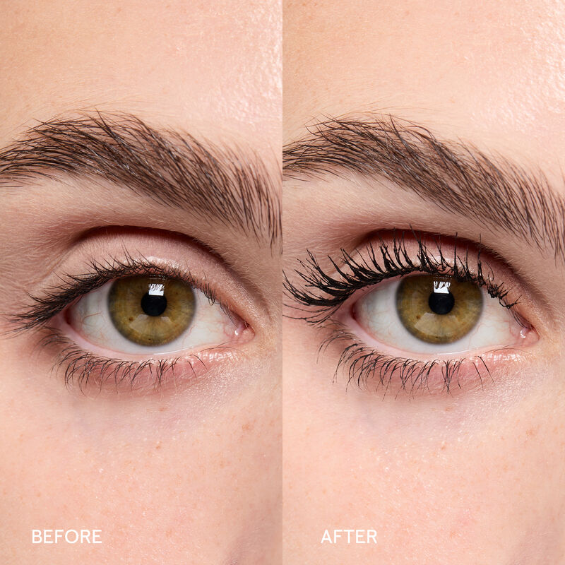 VorhernachherBilder von Wimpern eines Models mit hellem Hautton ohne und mit Lash Love Fanorama DefineLift Mascara