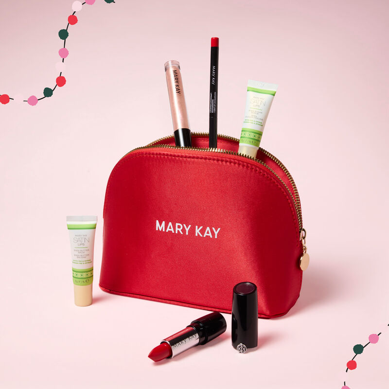 Festliches LippenMakeupSet mit Lippenpeeling Balm rotem wasserfestem Lipliner rotem Lippenstift Lipgloss und roter Kosmetiktasche