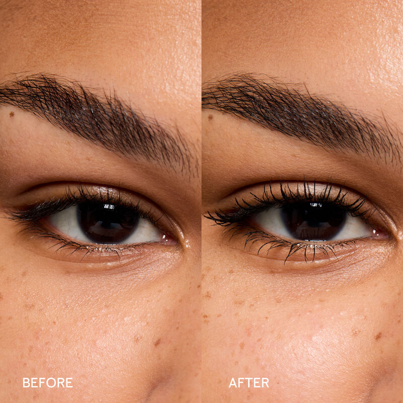 VorhernachherBilder von Wimpern eines Models mit mittlerem Hautton ohne und mit Lash Love Fanorama DefineLift Mascara