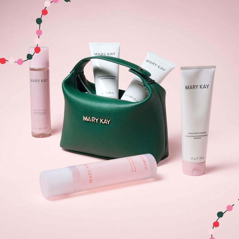 SkincareStarterset mit Cleanser Moisturizer Toner Peeling Mizellenwasser Fresh Face und gruner Kosmetiktasche als Weihnachtsgeschenk