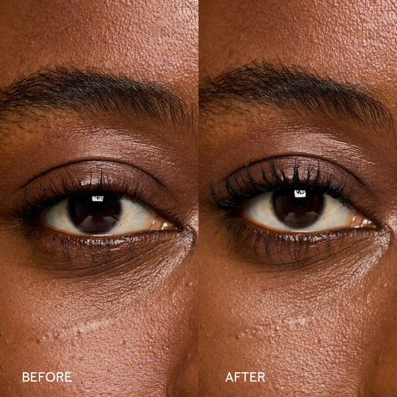 VorhernachherBilder von Wimpern eines Models mit dunklem Hautton ohne und mit Lash Love Fanorama DefineLift Mascara