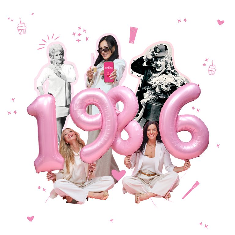 Gro&szlig;e Folienballons mit der Zahl 1986 werden von mehreren Frauen gehalten. Beauty Consultants und Mary Kay Ash sind zu sehen. Aufschrift: 40 Jahre Mary Kay Deutschland. Damals. Heute. F&uuml;r immer.