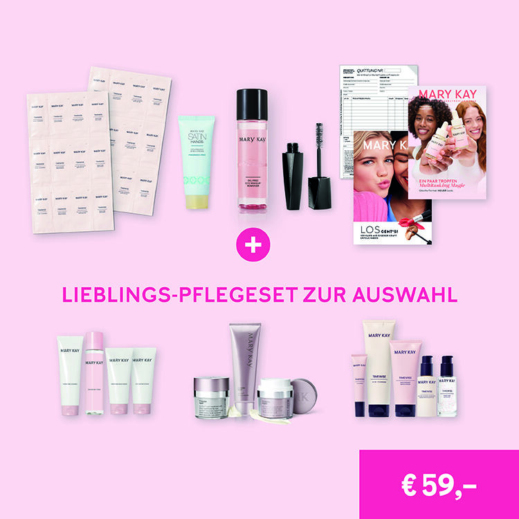 Die Inhalte aus dem Top Startpaket, mit dem du dein eigenes Mary Kay Beauty Business beginnen kannst: Produkte, Tester, Brosch&uuml;ren & Co