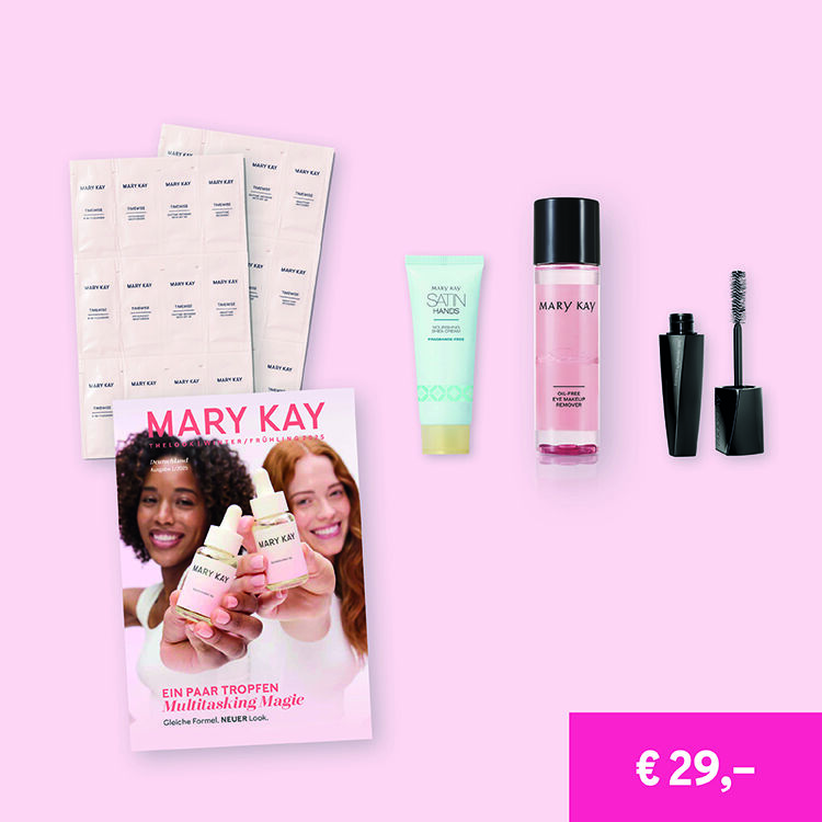 Die Inhalte des Basis Startpakets, mit dem du dein Mary Kay Beauty Business beginnen kannst: Produkte, Tester & theLOOK Magazin