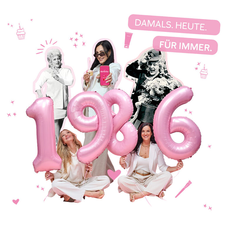 Gro&szlig;e Folienballons mit der Zahl 1986 werden von mehreren Frauen gehalten. Beauty Consultants und Mary Kay Ash sind zu sehen. Aufschrift: 40 Jahre Mary Kay Deutschland. Damals. Heute. F&uuml;r immer.