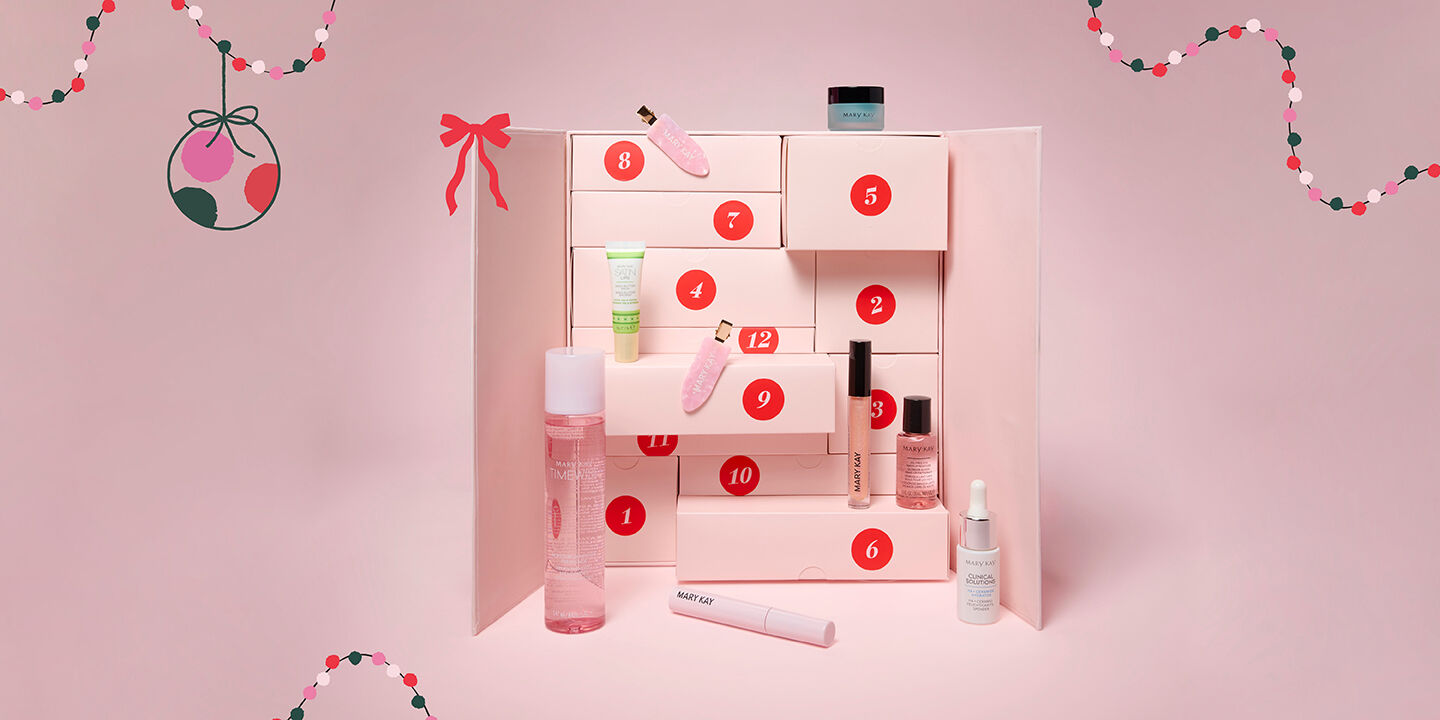 Ein halb aufgeklappter, rosa Adventskalender von Mary Kay