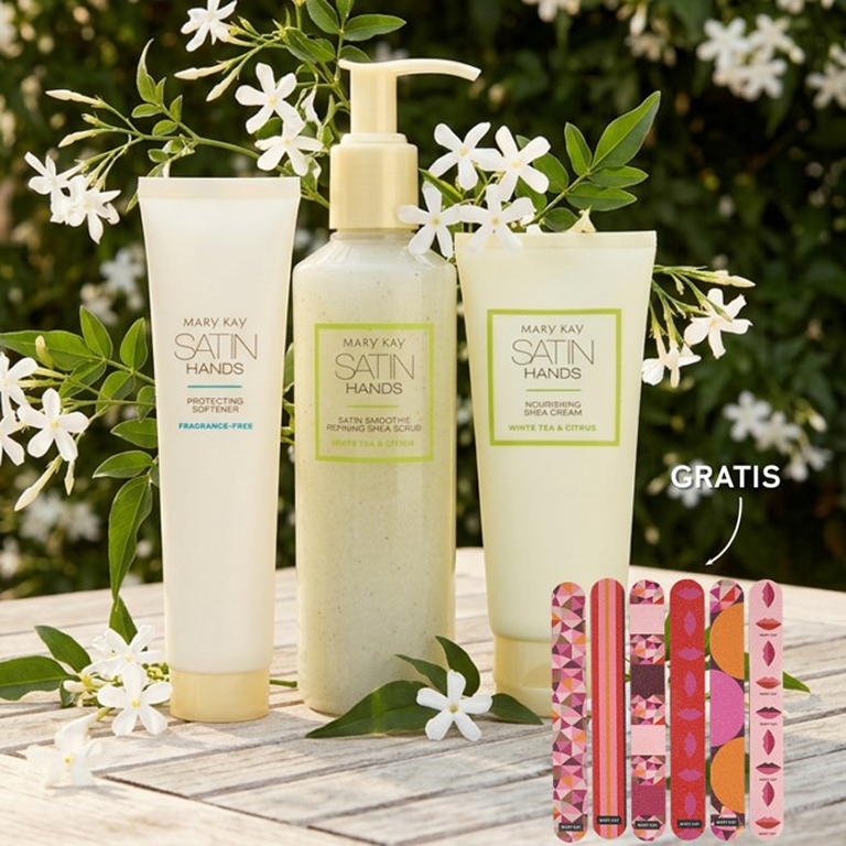 Das &bdquo;Perfect Pair&ldquo; Set von Mary Kay im Juni 2026: Das Satin Hands Handpflege Set (Peeling, Creme, Softener) sowie ein Nagelfeilen Set