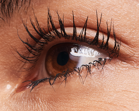 Nahaufnahme eines Auges, das 3 x mit Mary Kay Lash Love Fanorama Define + Lift getuscht wurde