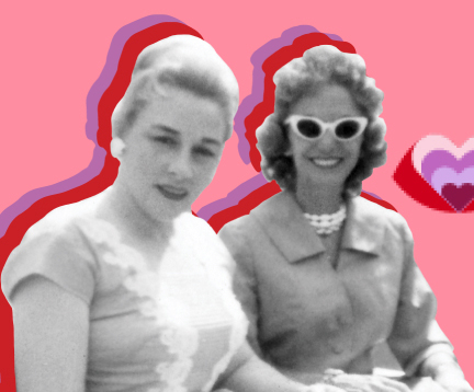 Ein altes Foto von zwei Business Frauen sowie ein Herz in Rot- und Violettt&ouml;nen