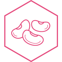 Ein pinkes hexagonales Symbol, mit drei stilisierten Bohnen darin.