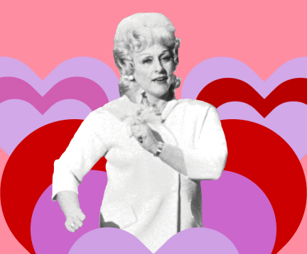 Mary Kay Ash, die Firmengr&uuml;nderin des Direktvertriebsunternehmens Mary Kay, ist auf einem alten Foto beim Gehen zu sehen (wie sie schwungvoll ihre Arme bewegt). Sie ist umringt von roten und violetten Herzen.
